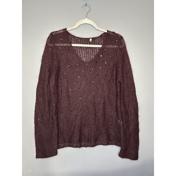 Sequin Mohair Blend Sweater Womens L Purple Fuzzy Sheer Layer Plum V Pullover - Picture 12 of 12